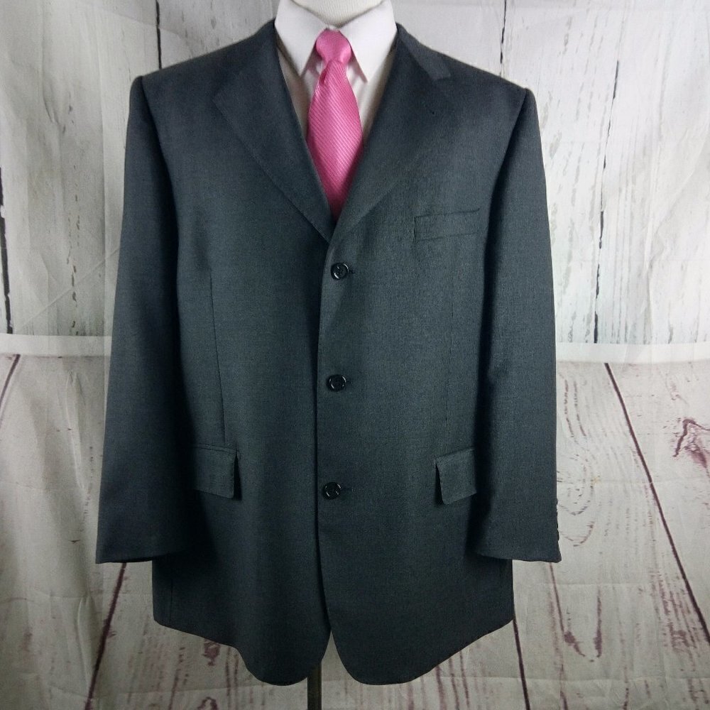 Custom Made 48R Super 150s Wool 3 Btn Stitched Lapel Charcoal Suit Blazer Jacket